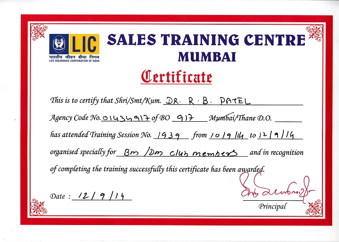 Certificate from sales training centre Mumbai