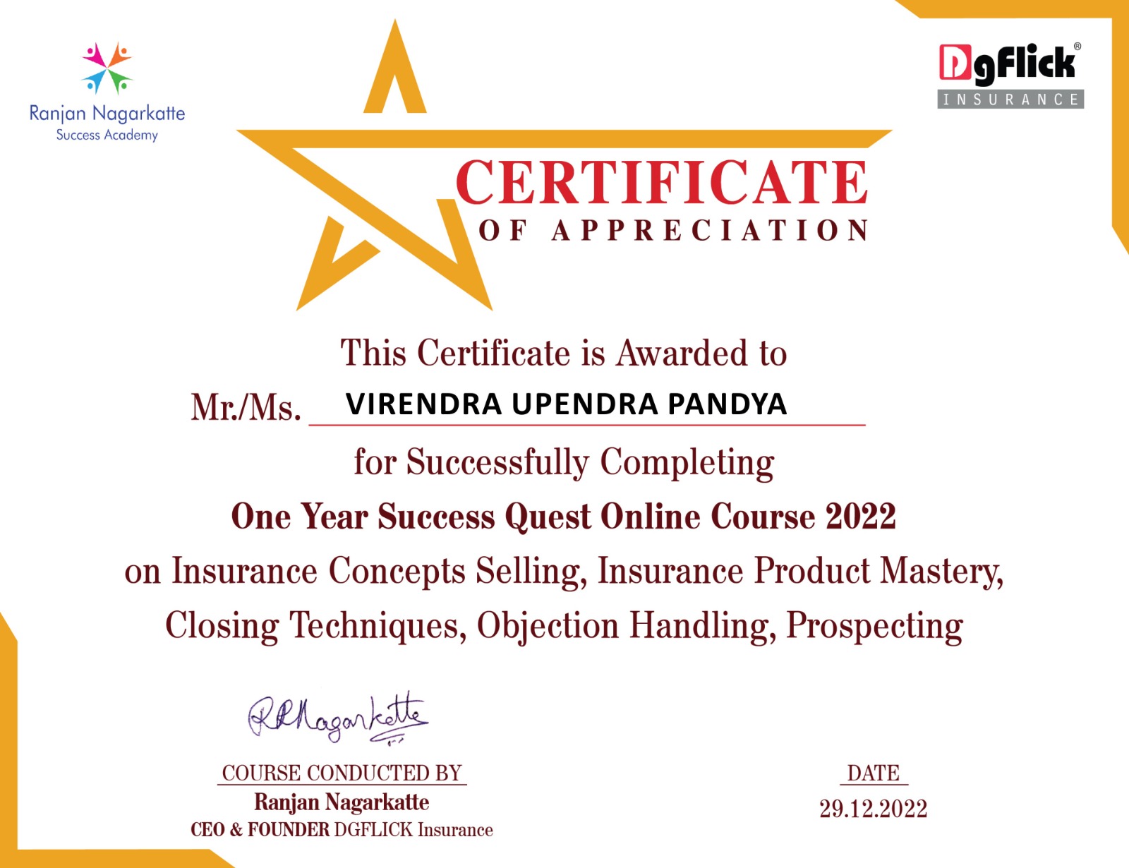 Attended One Year Success Quest Online Course 2022